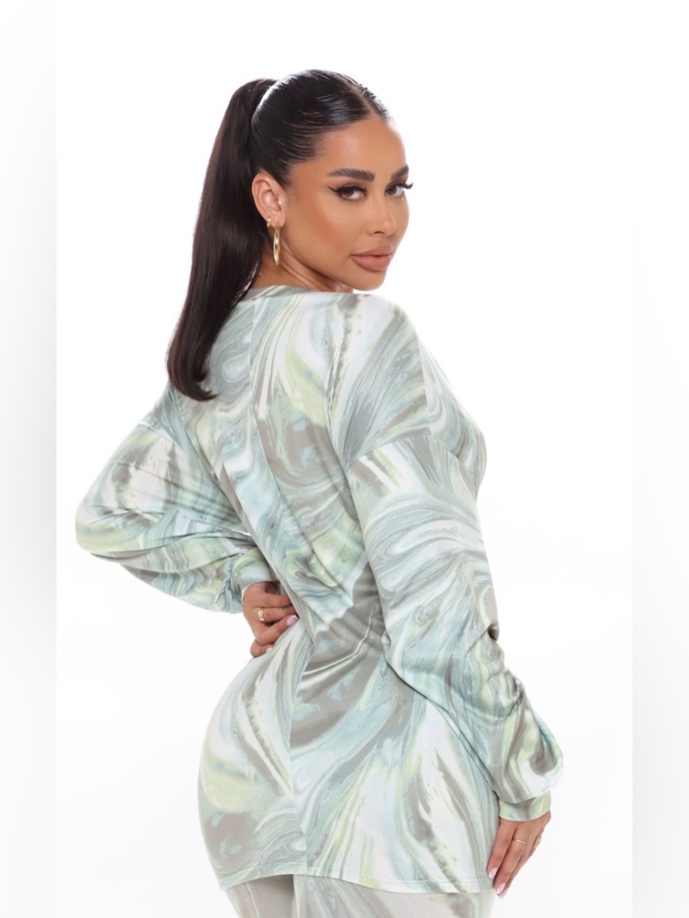 💚 Fashion Nova Marble 2 PC Shirt Top Leggings Lounge Set in Mint Sage Gray XL - Picture 2 of 6